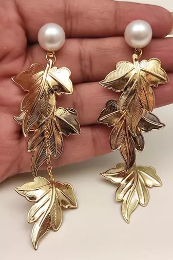 Anti-tarnish gold-toned leaf drop earrings with pearl stud, anti-tarnish studs