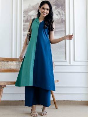women colourblocked  cotton kurta with palazzos 3