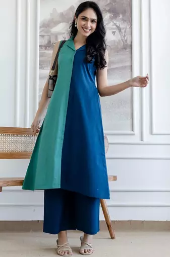 women colourblocked  cotton kurta with palazzos