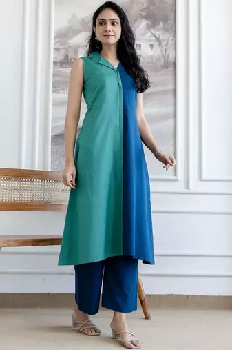 women colourblocked  cotton kurta with palazzos