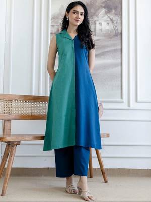 women colourblocked  cotton kurta with palazzos 7