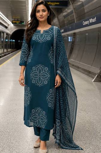 women printed regular  cotton kurta with trousers & with dupatta