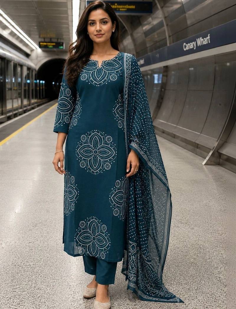 women printed regular  cotton kurta with trousers & with dupatta