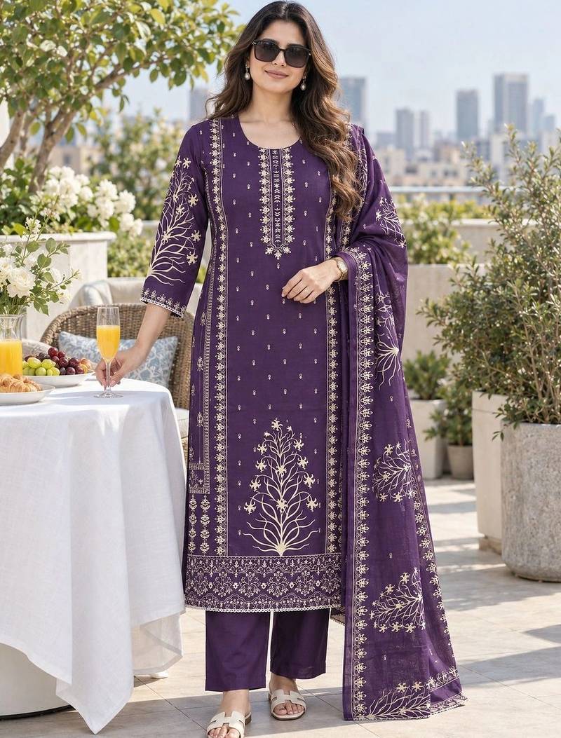 women ethnic motifs printed regular  cotton kurta with trousers & with dupatta
