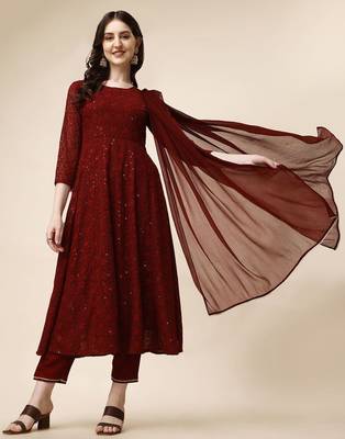 floral embroidered panelled georgette anarkali kurta with trousers & dupatta 1