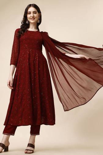 floral embroidered panelled georgette anarkali kurta with trousers & dupatta