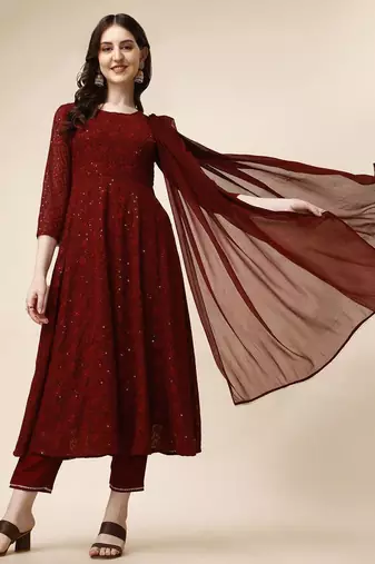 floral embroidered panelled georgette anarkali kurta with trousers & dupatta