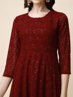 floral embroidered panelled georgette anarkali kurta with trousers & dupatta 2
