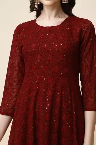 floral embroidered panelled georgette anarkali kurta with trousers & dupatta