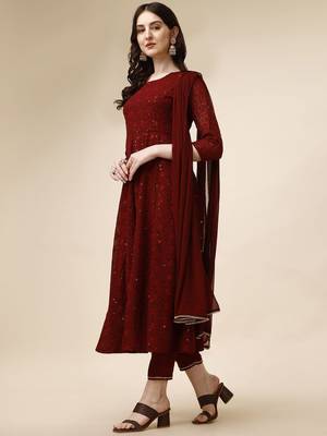 floral embroidered panelled georgette anarkali kurta with trousers & dupatta 3
