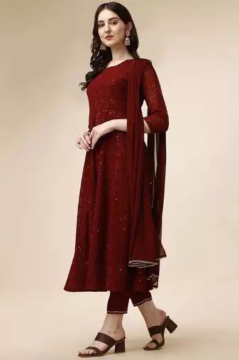floral embroidered panelled georgette anarkali kurta with trousers & dupatta