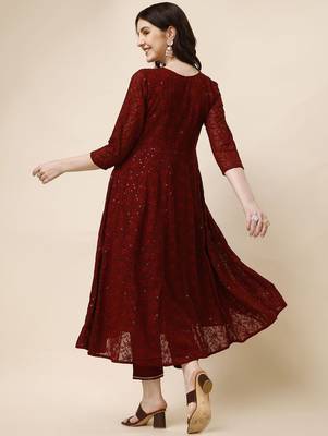 floral embroidered panelled georgette anarkali kurta with trousers & dupatta 4