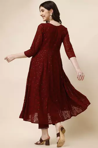 floral embroidered panelled georgette anarkali kurta with trousers & dupatta
