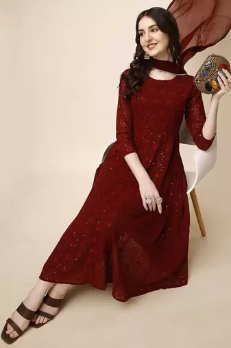 floral embroidered panelled georgette anarkali kurta with trousers & dupatta