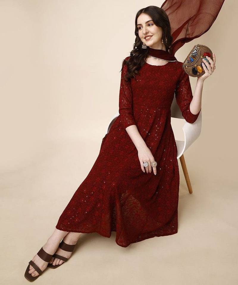 floral embroidered panelled georgette anarkali kurta with trousers & dupatta
