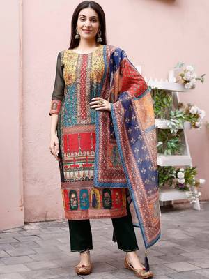 women ethnic motifs printed regular chanderi cotton kurta with trousers & with dupatta 1