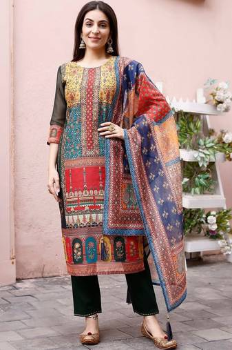 women ethnic motifs printed regular chanderi cotton kurta with trousers & with dupatta