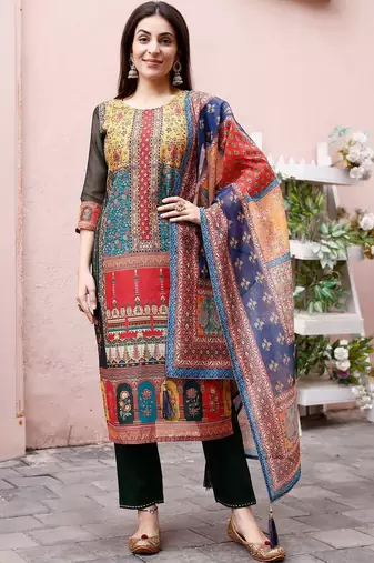 women ethnic motifs printed regular chanderi cotton kurta with trousers & with dupatta