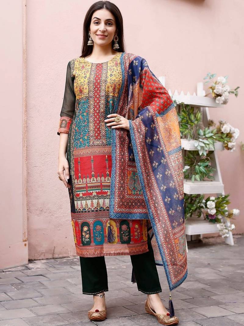 women ethnic motifs printed regular chanderi cotton kurta with trousers & with dupatta