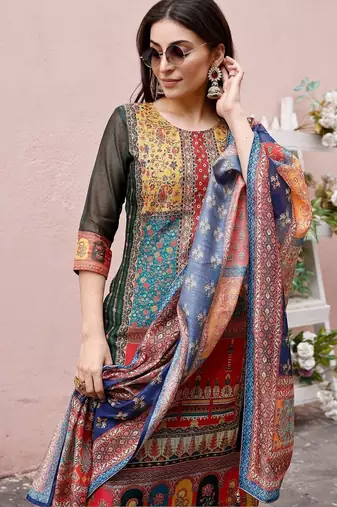 women ethnic motifs printed regular chanderi cotton kurta with trousers & with dupatta