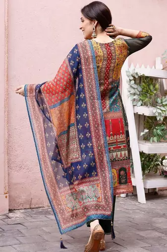 women ethnic motifs printed regular chanderi cotton kurta with trousers & with dupatta