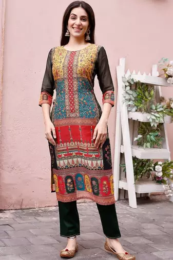 women ethnic motifs printed regular chanderi cotton kurta with trousers & with dupatta