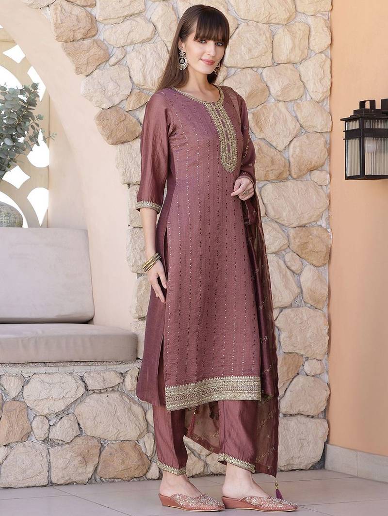 women ethnic motifs embroidered kurta with trousers & dupatta