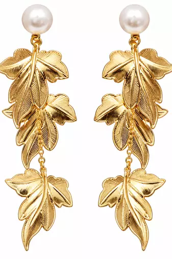 Anti-tarnish gold-toned leaf drop earrings with pearl stud, anti-tarnish studs