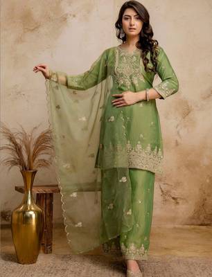 women embroidered regular kurta with palazzos & with dupatta 1