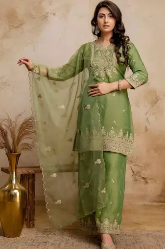 women embroidered regular kurta with palazzos & with dupatta