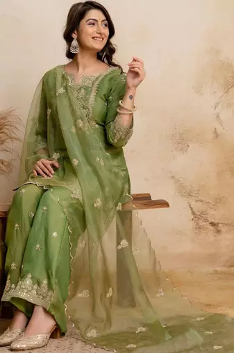 women embroidered regular kurta with palazzos & with dupatta