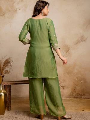 women embroidered regular kurta with palazzos & with dupatta 4