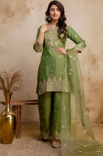 women embroidered regular kurta with palazzos & with dupatta