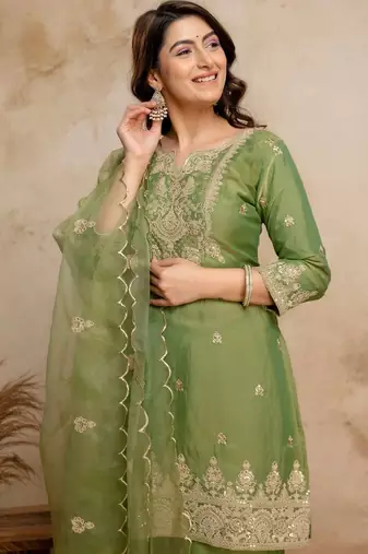 women embroidered regular kurta with palazzos & with dupatta