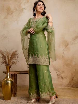 women embroidered regular kurta with palazzos & with dupatta 7