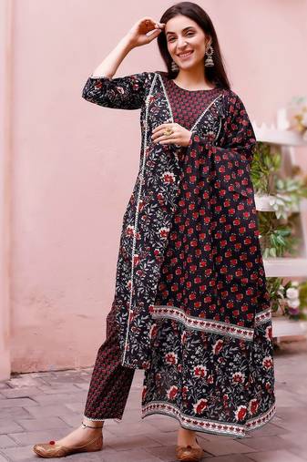 women floral printed regular  cotton kurta with trousers & with dupatta