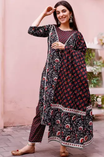 women floral printed regular  cotton kurta with trousers & with dupatta