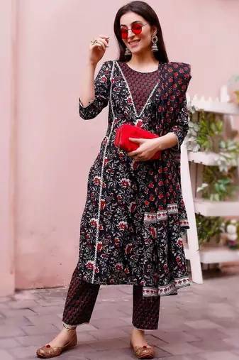 women floral printed regular  cotton kurta with trousers & with dupatta