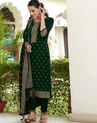 embroidered sequinned straight kurta with trousers & dupatta 1