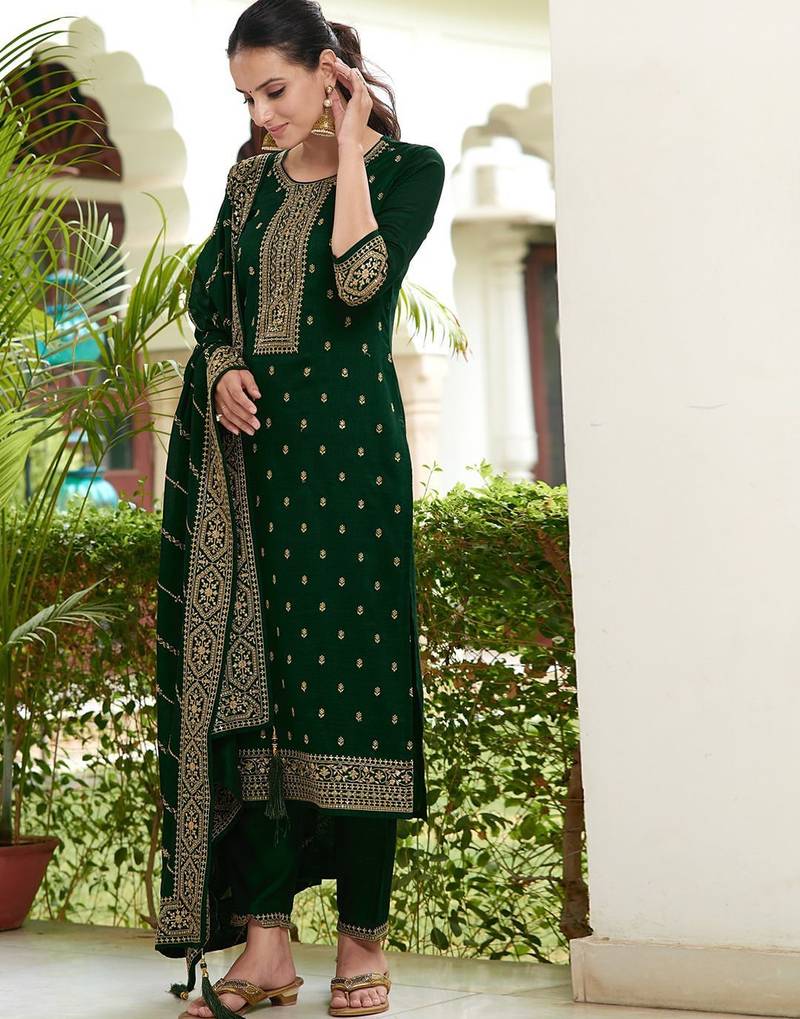 embroidered sequinned straight kurta with trousers & dupatta