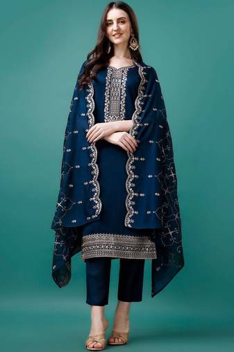 women ethnic motifs embroidered regular thread work kurta with trousers & with dupatta