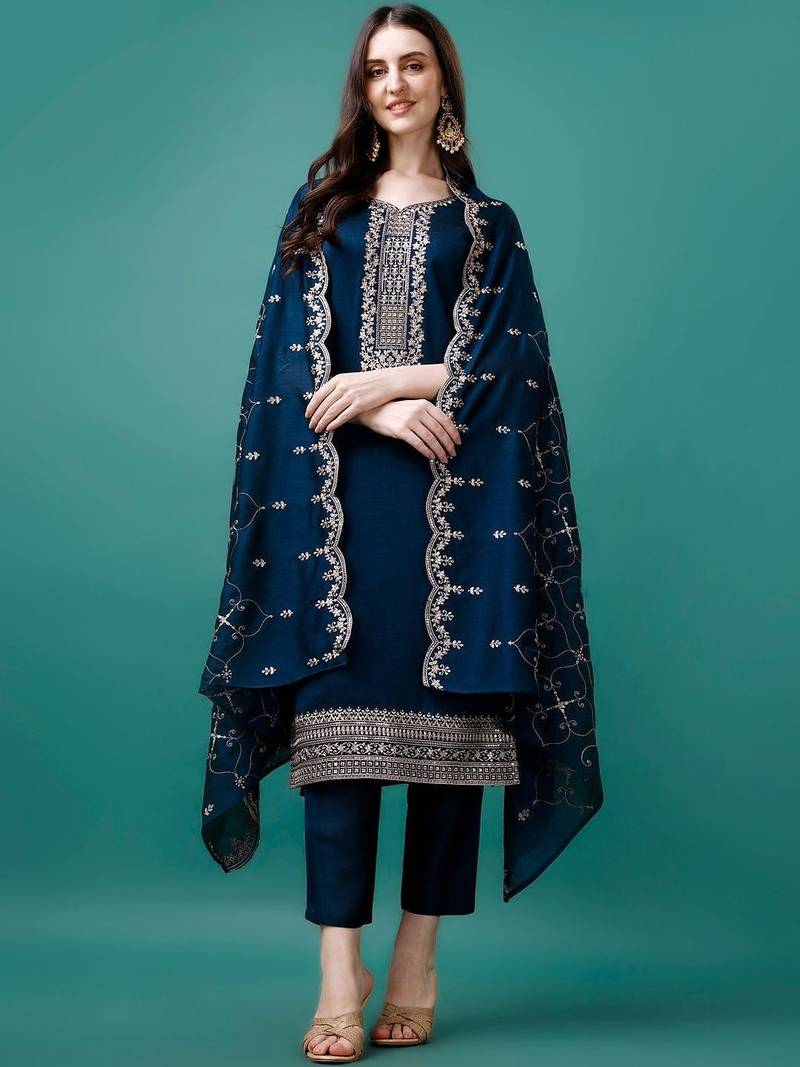 women ethnic motifs embroidered regular thread work kurta with trousers & with dupatta
