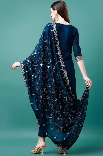 women ethnic motifs embroidered regular thread work kurta with trousers & with dupatta