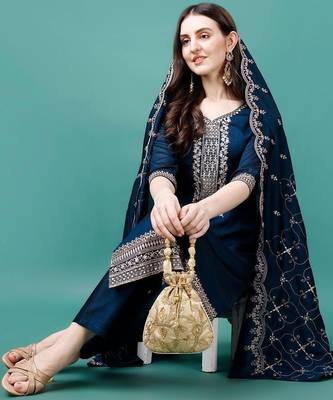 women ethnic motifs embroidered regular thread work kurta with trousers & with dupatta 6