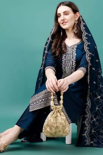 women ethnic motifs embroidered regular thread work kurta with trousers & with dupatta