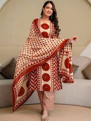 women printed mirror work  cotton kurta with trousers & with dupatta 1
