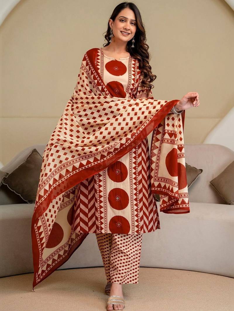 women printed mirror work  cotton kurta with trousers & with dupatta