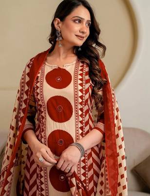 women printed mirror work  cotton kurta with trousers & with dupatta 2