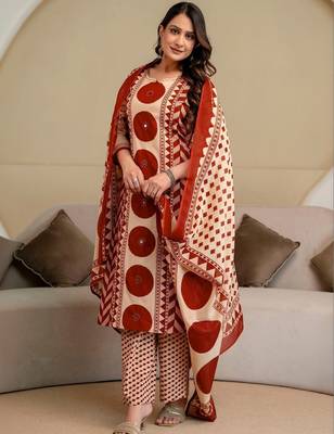 women printed mirror work  cotton kurta with trousers & with dupatta 4