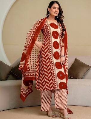 women printed mirror work  cotton kurta with trousers & with dupatta 5